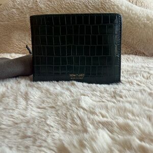 Tom Ford Black Crocodile Leather Bifold Wallet with Gold Logo